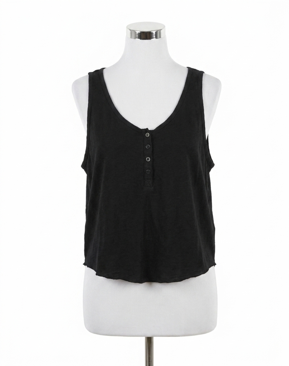 NEW CHASER heirloom wovens cropped snap front racerback henley top in true black